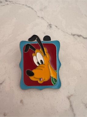 Disney Pluto Enamel Pin with Red Background and Blue Frame